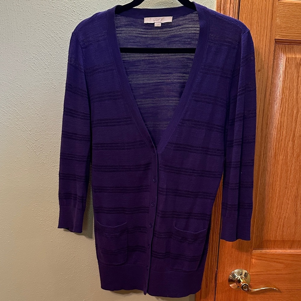 LOFT Women's 3/4 Sleeve Deep Purple Cardigan